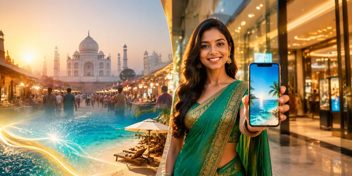 Woman wearing saree checking lottery results near Taj Mahal, Agra