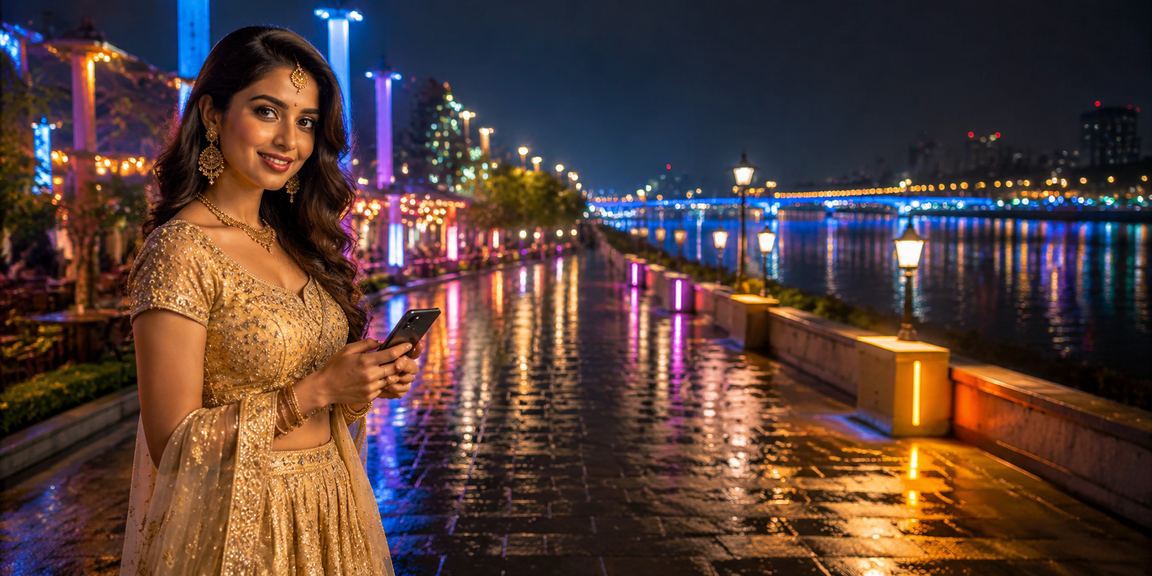 Indian woman enjoying live casino on mobile at Ahmedabad riverfront